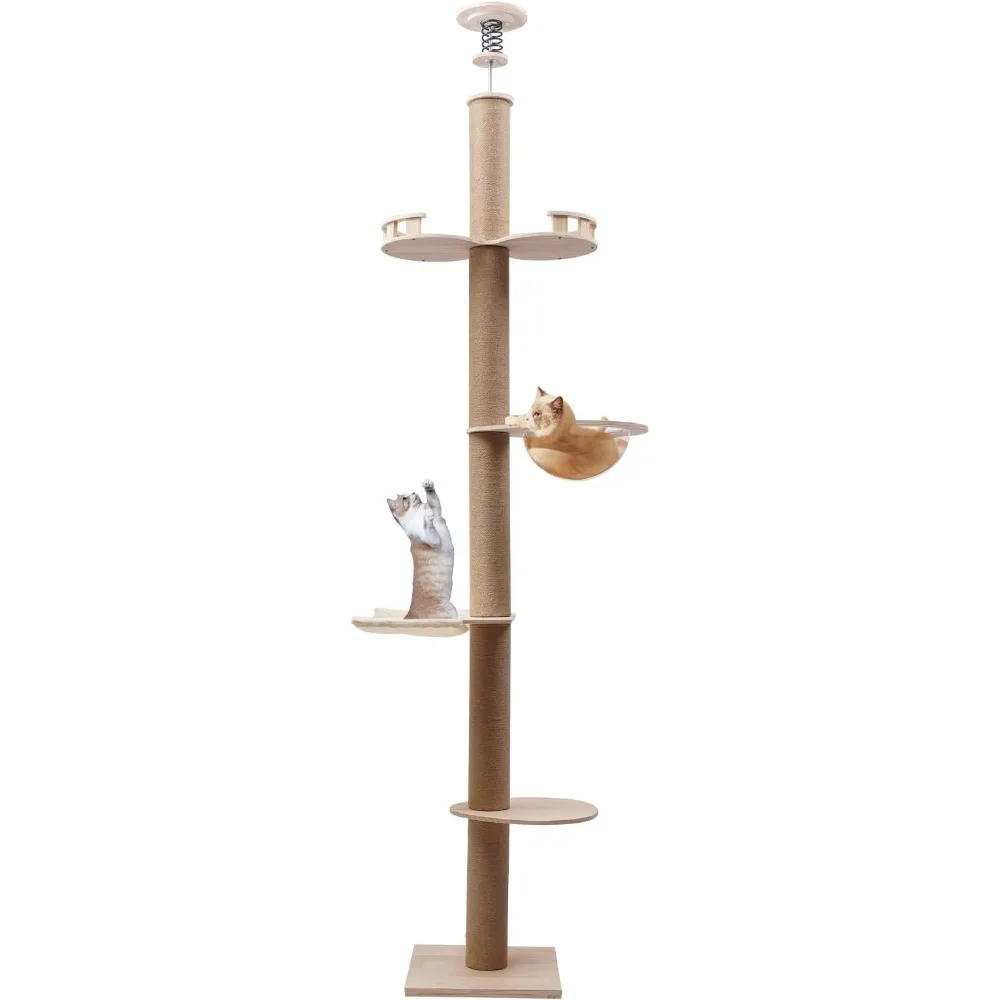 Cat Tree, Cat Climbing Tower, Floor-to-Ceiling, Natural Sisal Rope Scratching Post, Adjustable Height, Multi-Level Furniture