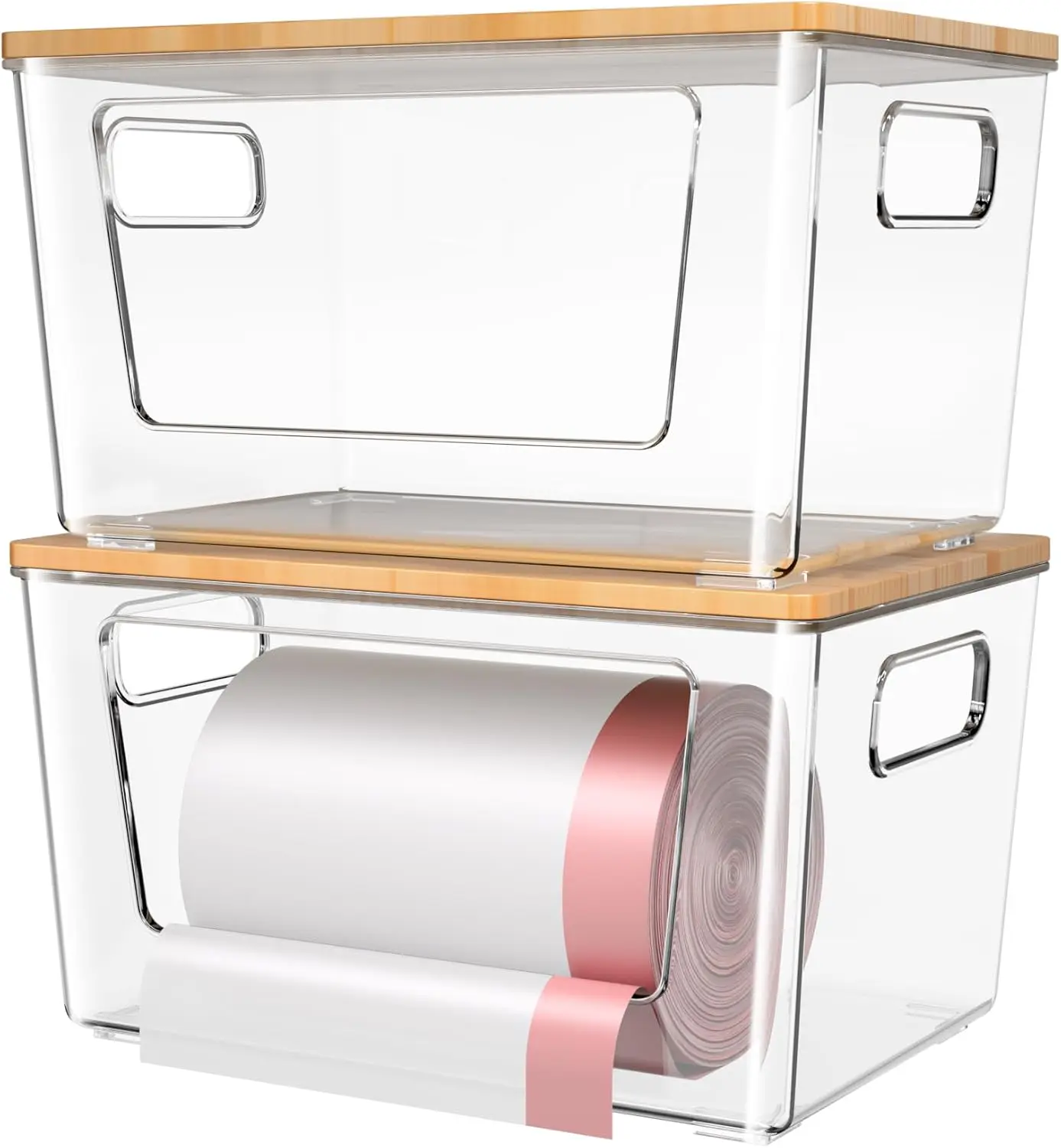 

spospo 2 Pack Trash Bag Holder with Bamboo Lid, Stackable Trashbag Dispenser, Extra Large Garbage Bag Holder for Kitchen Laundry