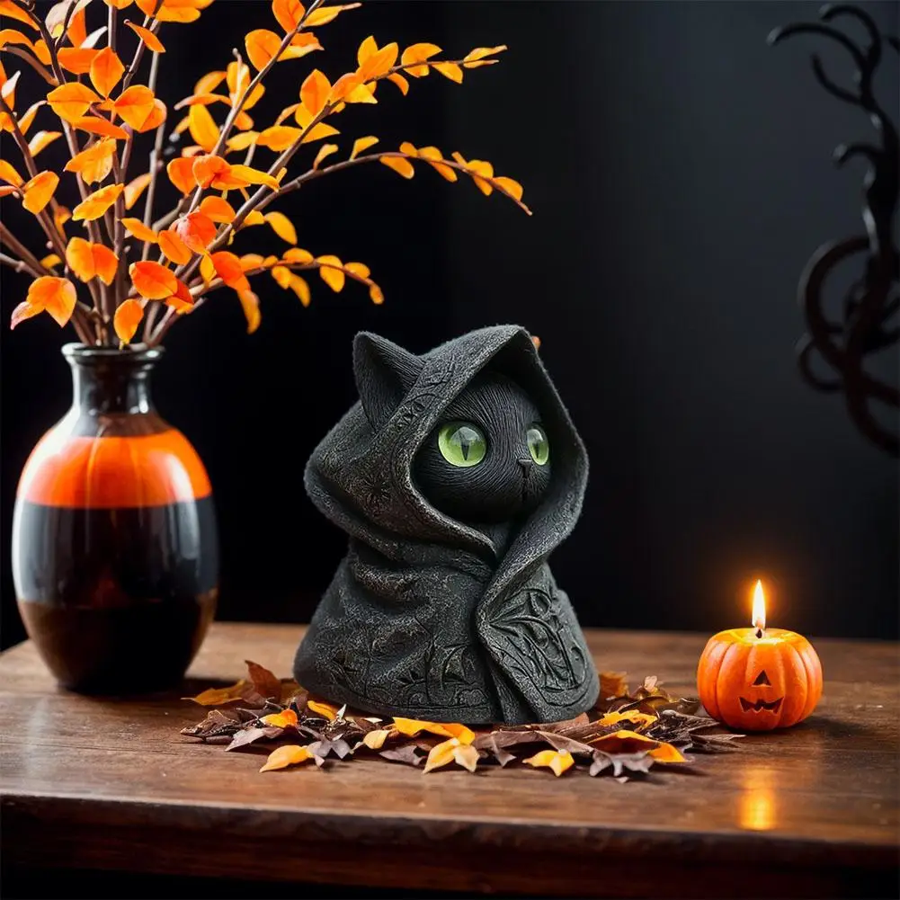 زينة الهالوين تمثال قطة أسود غامض بقلنسوة من الراتنج القوطي تمثال قطة سوداء منحوتة على شكل وحش هريرة هدية عيد #2