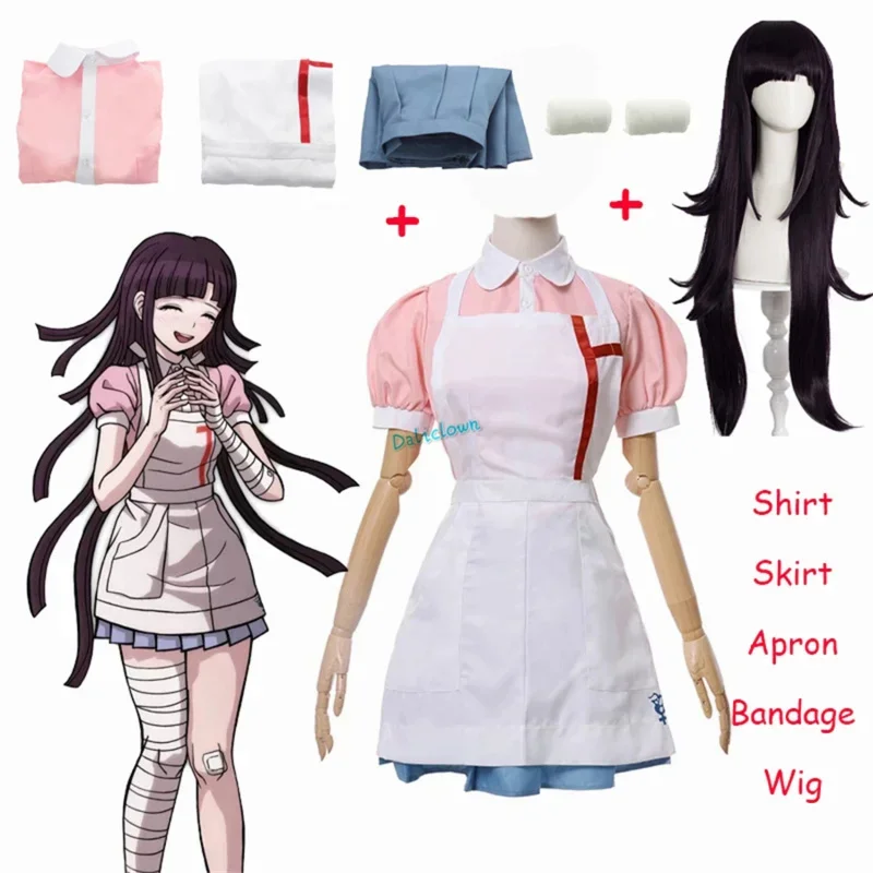 Cosxie Danganronpa Mikan Tsumiki Cosplay Outfit mit Perücke Anime Halloween Verzweiflung Ultimative Krankenschwester Uniform Dienstmädchen Kostüm Komplettset Fo