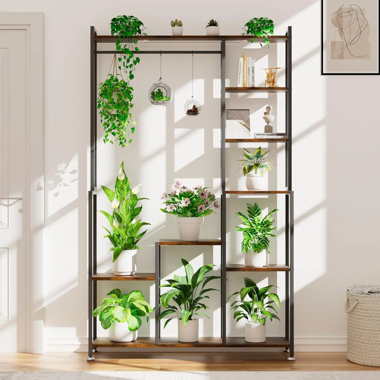 Suporte de planta de metal de 71 polegadas e 8 camadas com luzes de cultivo ajustáveis para plantas internas, sala de estar e exibição de jardim