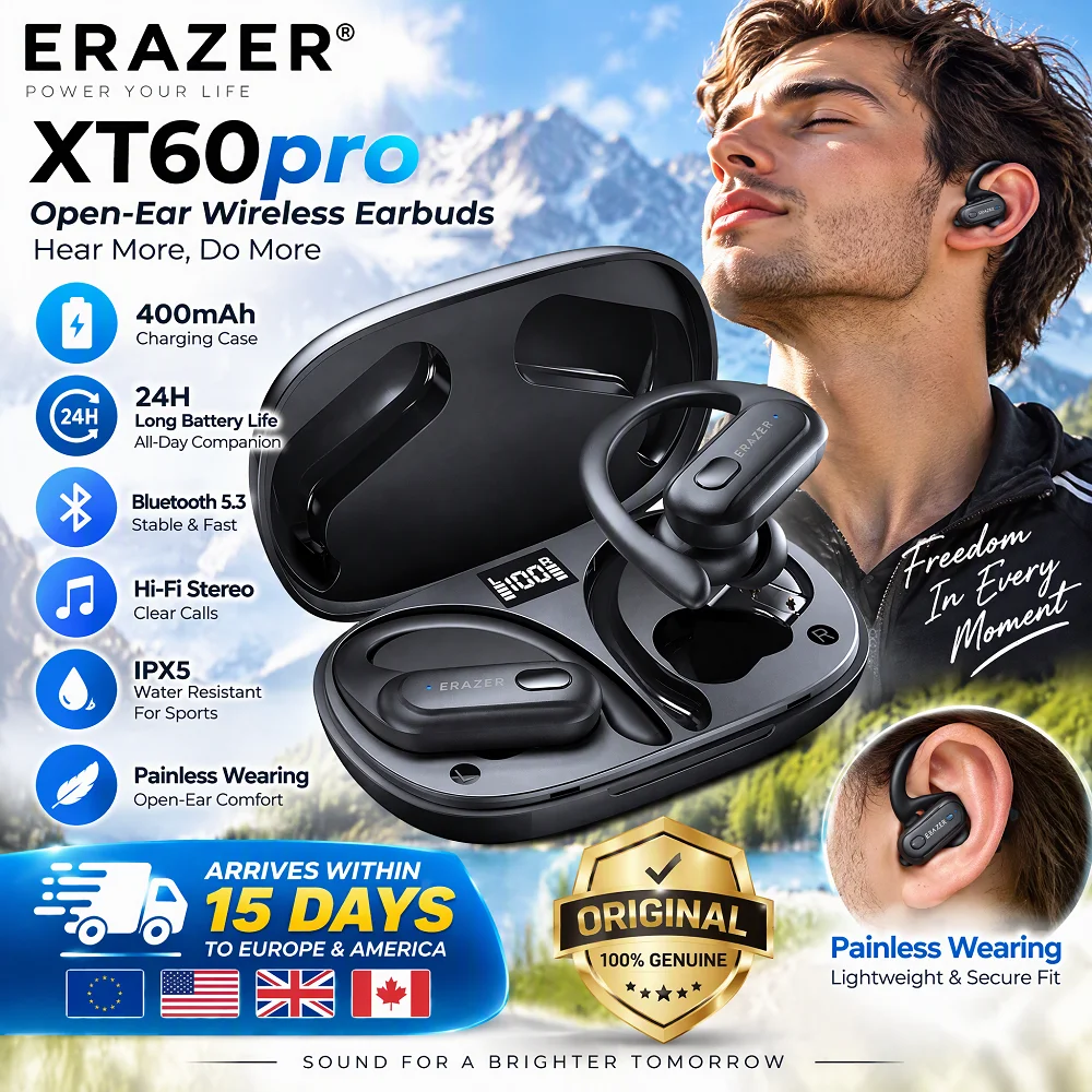 ERAZER XT60pro OWS Cuffie Bluetooth Wireless a Orecchio Aperto con Gancio Auricolare, Auricolari Sportivi, Riduzione del Rumore delle Chiamate ENC, Ba
