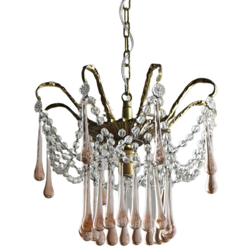 

French retro brass pink water drop glass lamp, all copper restaurant study tea room cloakroom crystal chandelier
