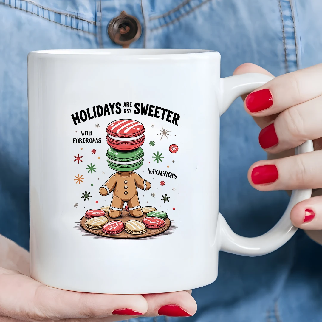 Caneca de 11 onças + desenho animado Gingerbread Man Macaroon Design de Natal + xícara infantil + xícara de café para escritório familiar - presente de Natal