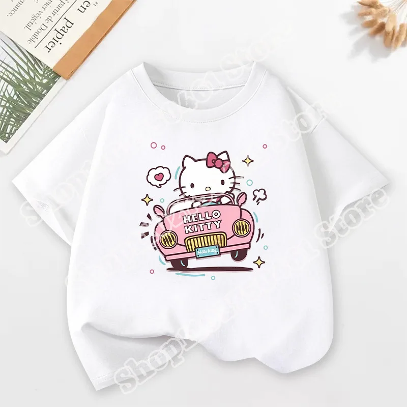 سانريو الطفل تي شيرتات قصيرة الاكمام الكرتون مرحبا كيتي طباعة القطن الأعلى الفتيات Kawaii الصيف عادية جولة الرقبة تيز هدايا عيد الميلاد