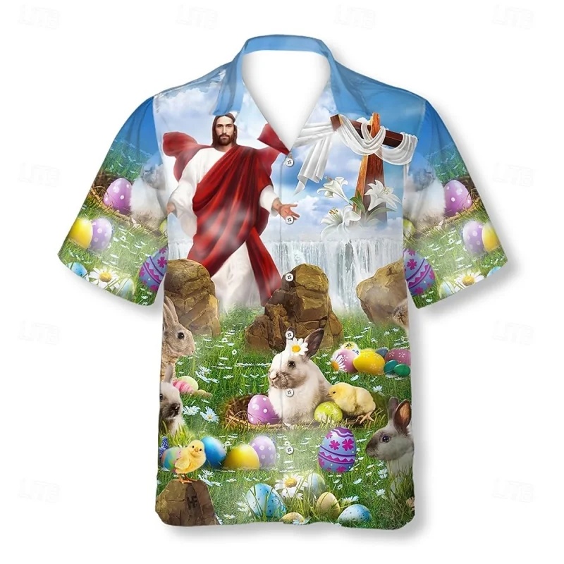 

Cross Jesus Pattern Hawaiian Shirt For Men Easter Egg 3D Printed Short Sleeves Summer Street Blouse Surf Beachwear Aloha Shirts