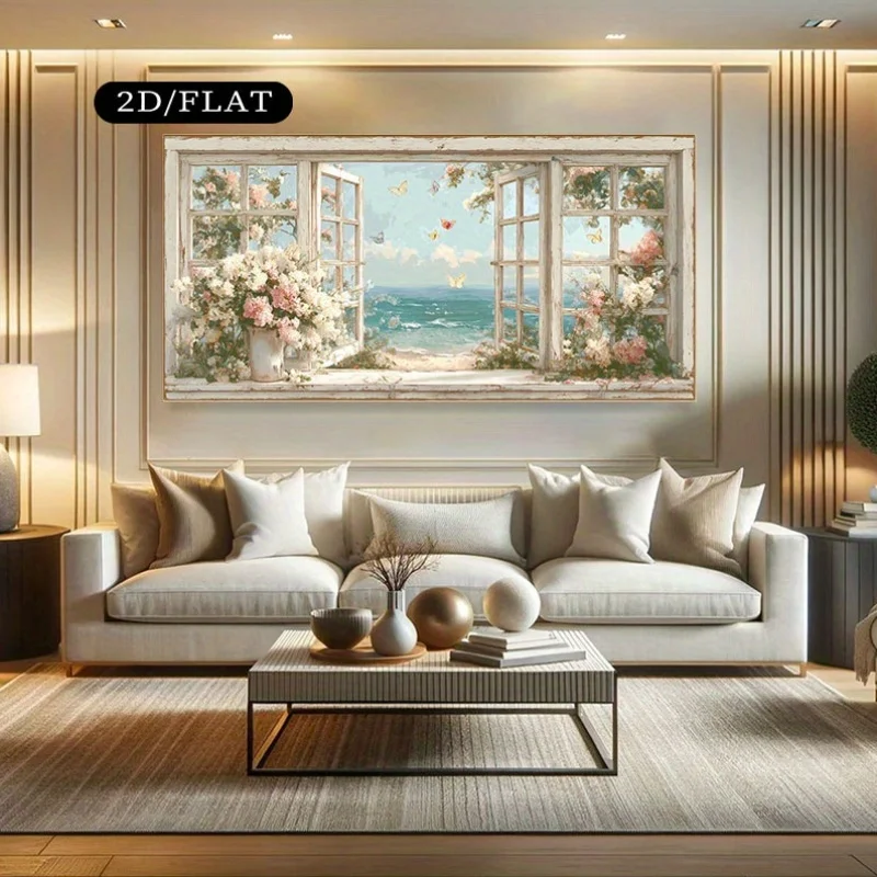 2D/Flat Frameless Canvas  Modern Canvas Wall Art - Tranquil Seascape with Blooming Floral Butterflies, 2D Flat Decorative Painti