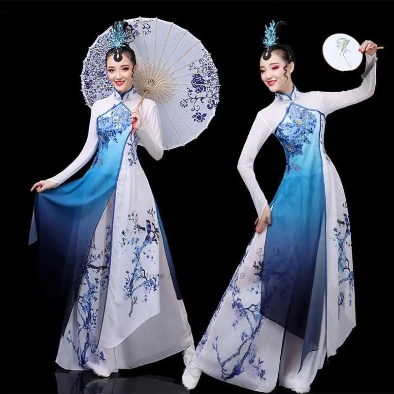 2024 traditional chinese vintage hanfu flower print qipao dress+pants set ancient folk dance costume stage performance dress