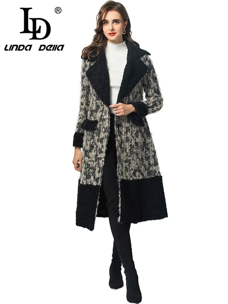 LD LINDA DELLA Autumn and winter New Vintage Designer Coat Women Notched Single-breasted Lace-Up Tunic Long Coat