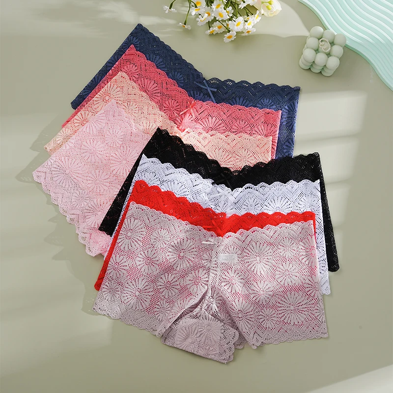 FINETOO 6 قطعة النساء منتصف الخصر حجم كبير سراويل الدانتيل شبكة الأزهار شفافة ملخصات الملابس الداخلية الصلبة سلس الملابس الداخلية الملابس الداخلية #4