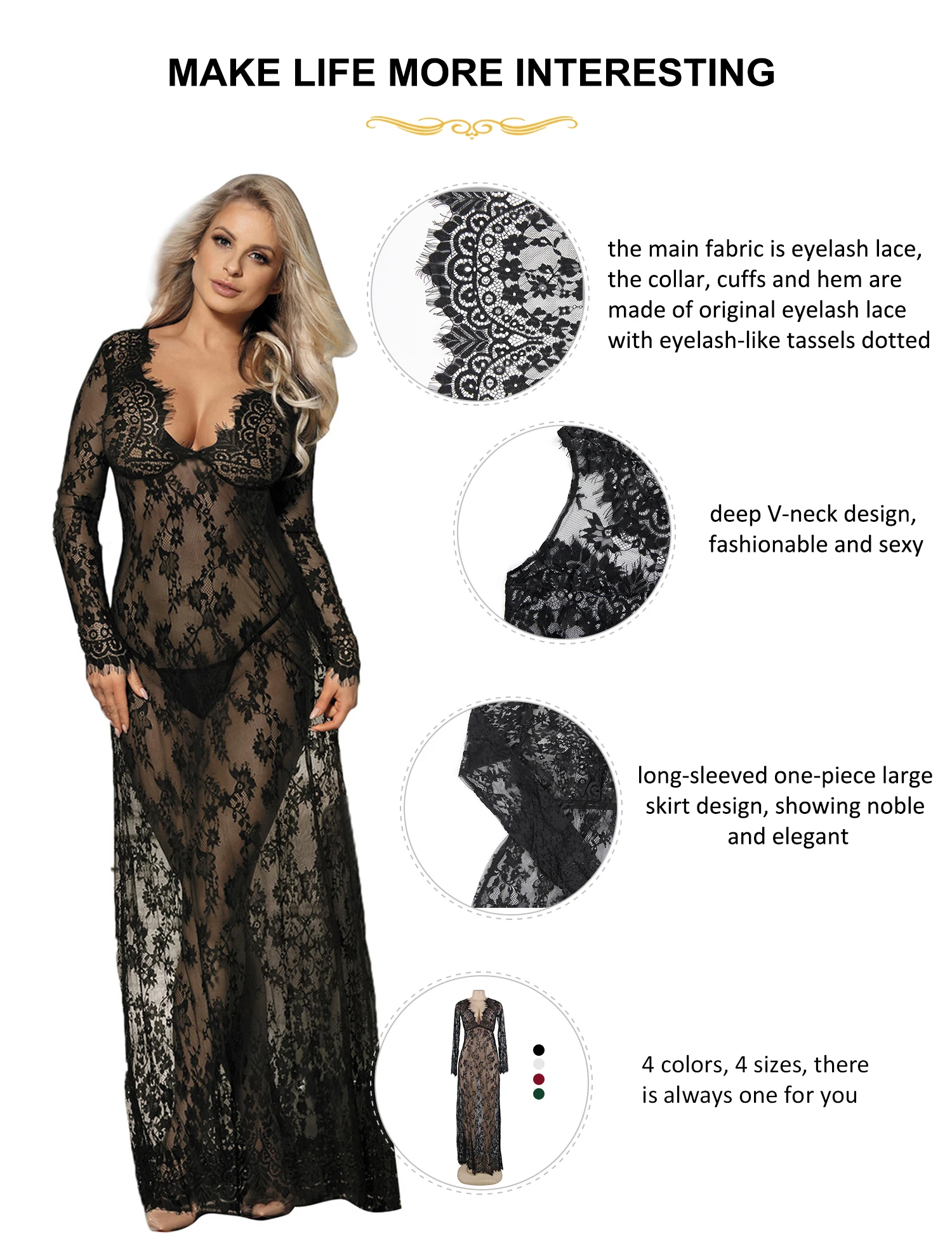 Ohyeahlady Women Long Nightgown Floral Lace Black Transparent Sleepwear Nighty Dress Elegant Floral Lace Plus Size Sexy Lingerie