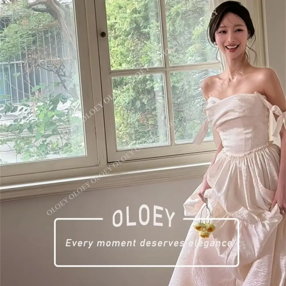 OLOEY Elegant Light Champagne Satin Wedding Dress Off Shoulder Sweetheart Neck A Line Bridal Gown Korea Photo Shoot Customized