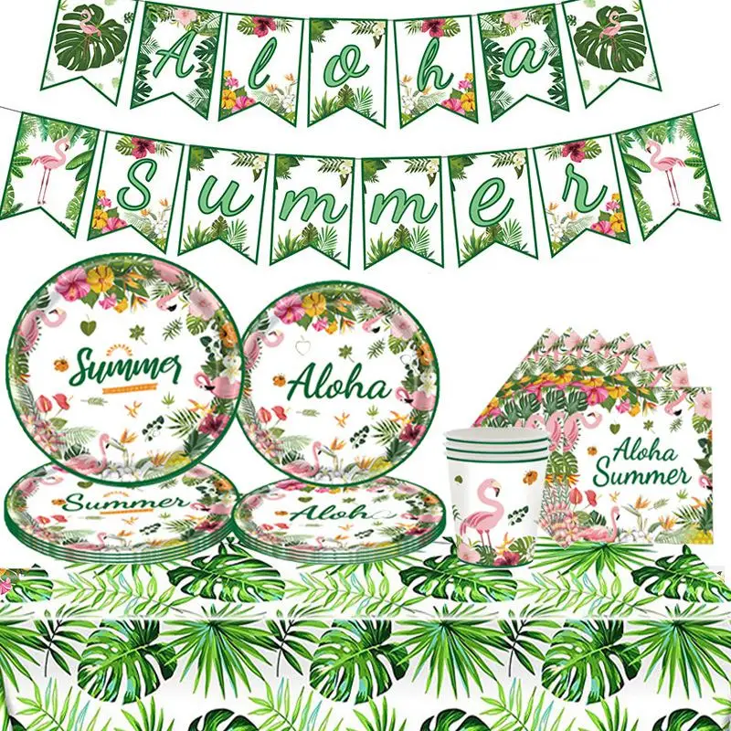 Tropische Palmblätter Flamingo Papp teller Tasse Geschirr Dekor Hawaii Geburtstag Dekor Aloha Sommer Flamingo Hawaii Party Versorgung