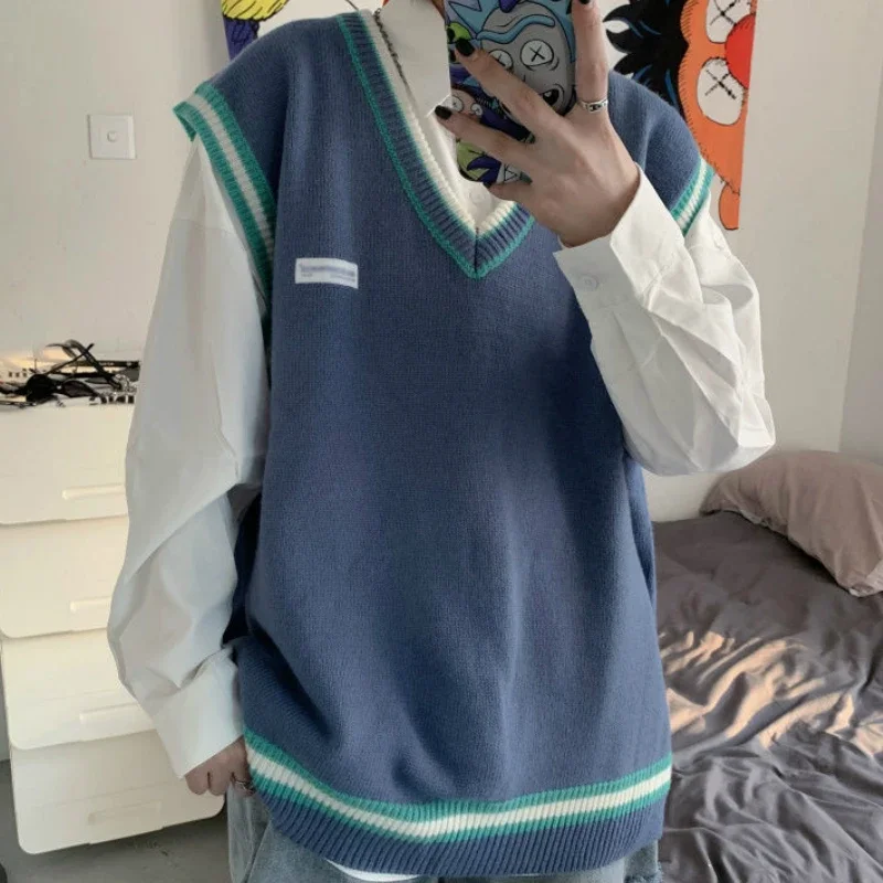 メンズVネックニットセーター,韓国風原宿ベスト,レジャー,パッチワーク,ラージサイズ,3xl