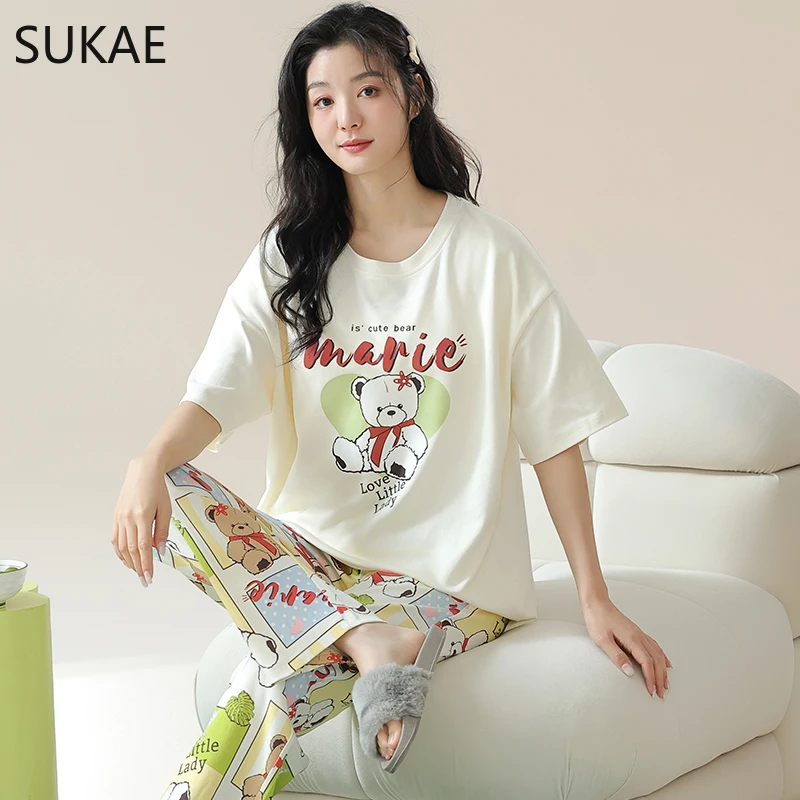 SUKAE Cute Animals Short Sleeves Full Pants Cartoon Sleepwear Women Summer Leisure Pajamas Nightwear Faux Cotton Girls Nightwear