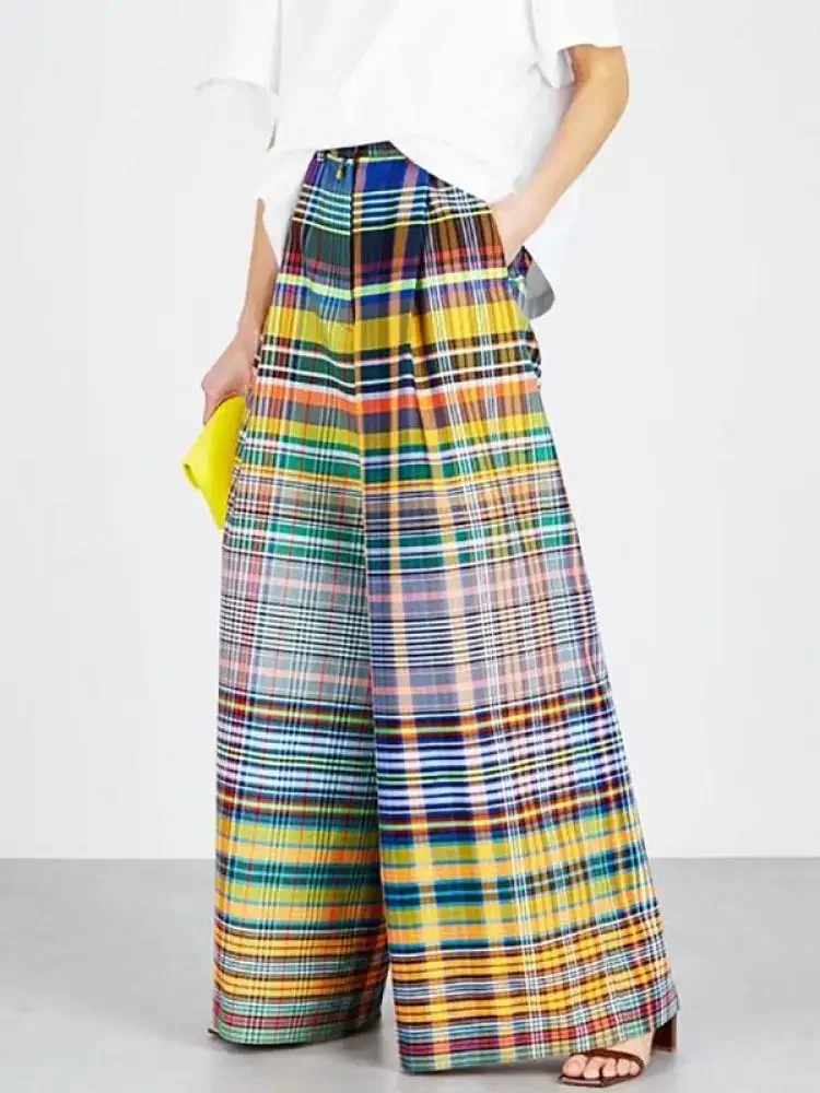 Missuoo 2024 New Female Vintage Multi-colored Plaid Pants Spring and Summer Loose Casual Floor-length Wide Leg Pants for Women