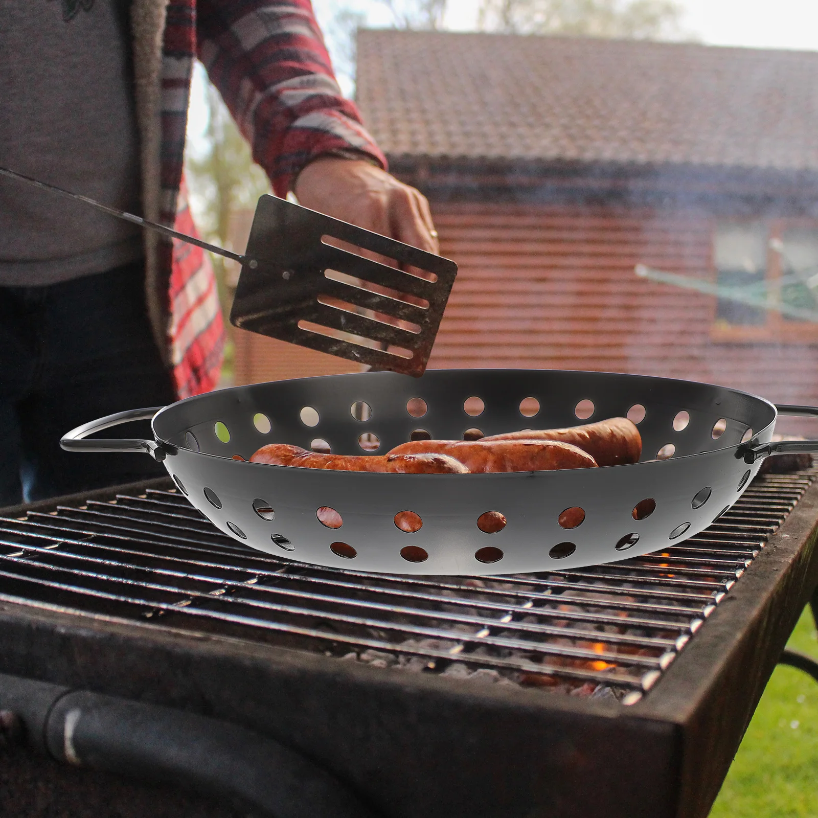 

Round Grilling Tray BBQ Pan Outdoor Household Carbon Steel Non-Stick Heat Resistant Large Hole Frying Plate Barbecue Tool