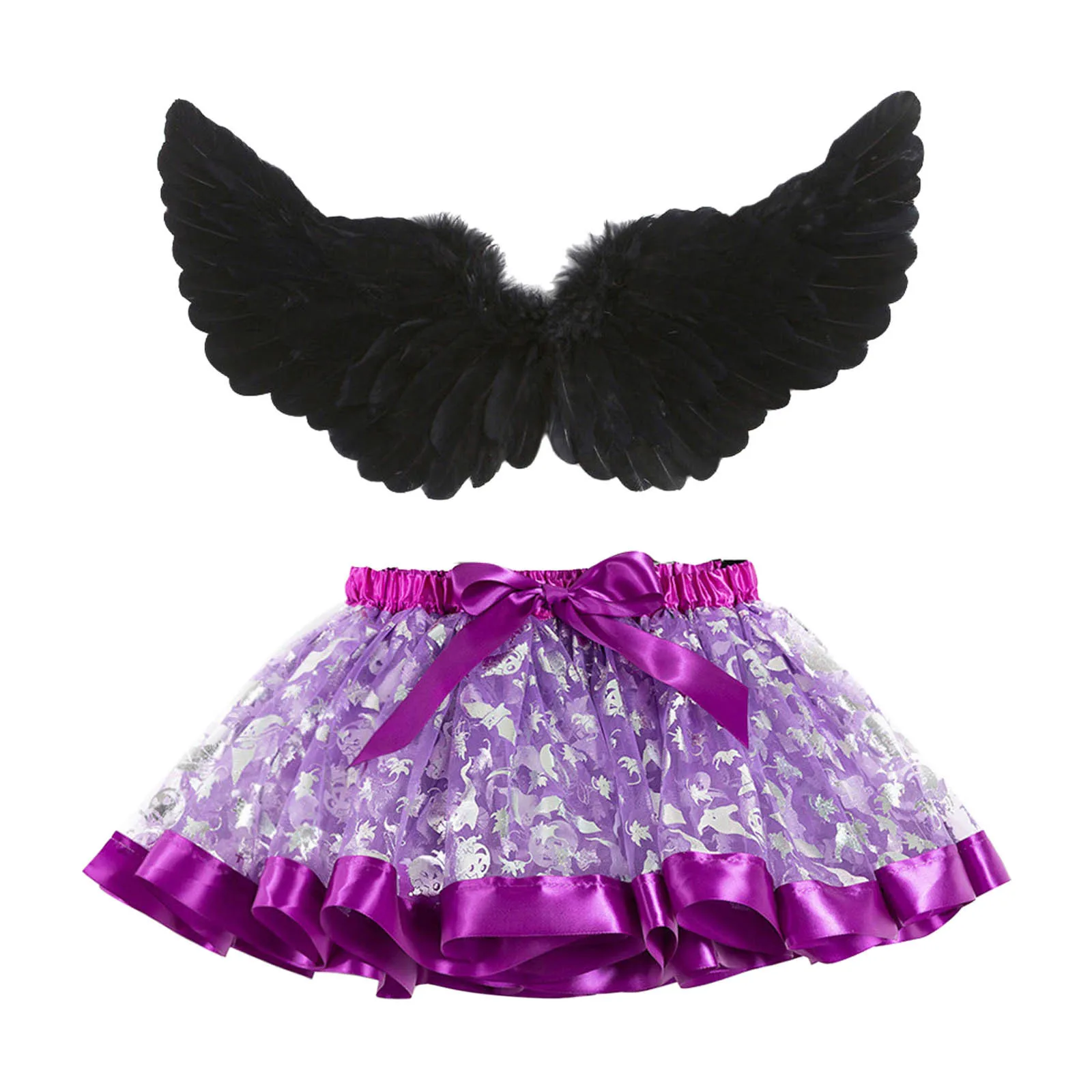 

Girls Tutu Sequins Skirts Bow Layered Skirts Angel Wings Kids Mesh Skirt Girls Halloween Party Clothes Princess Pleated Skirt