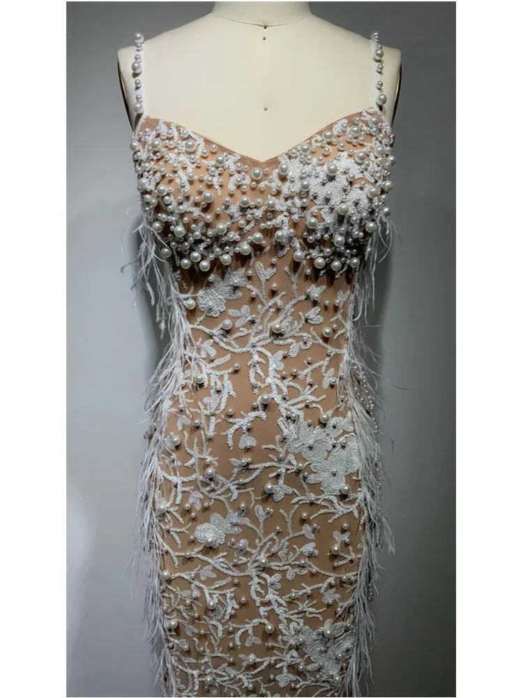 Vestido feminino sexy cravejado de pérolas, lantejoulas de malha, corpo longo, pena, elegante, festa noturna, clube, 2023