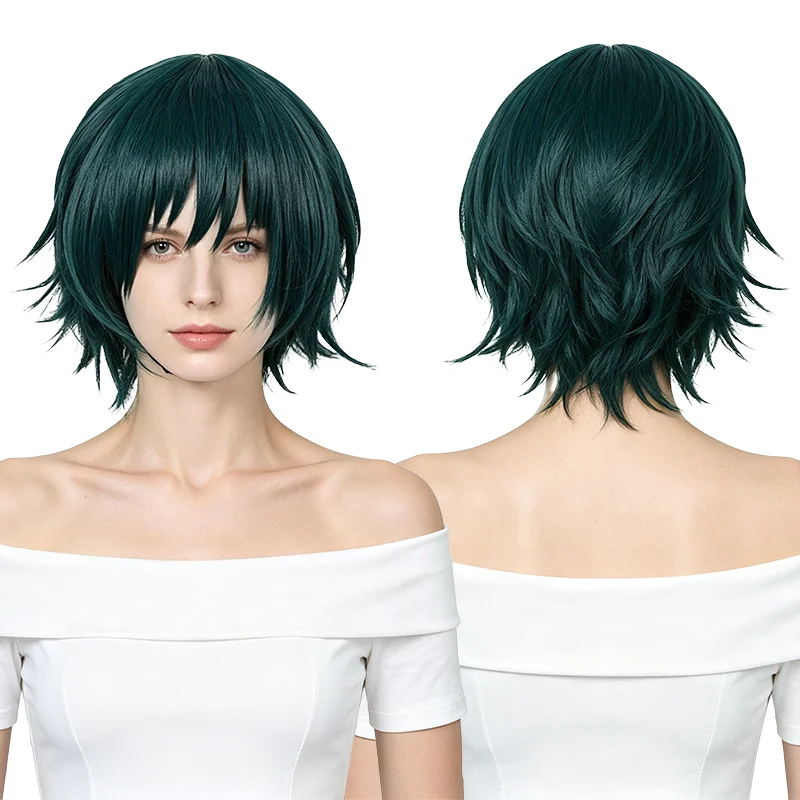 Anime Cosplay Wig Dark Green Short Spiky Hair Jujutsu Kaisen Maki Zenin Costume Wig Heat Resistant For Halloween Comic Con Party
