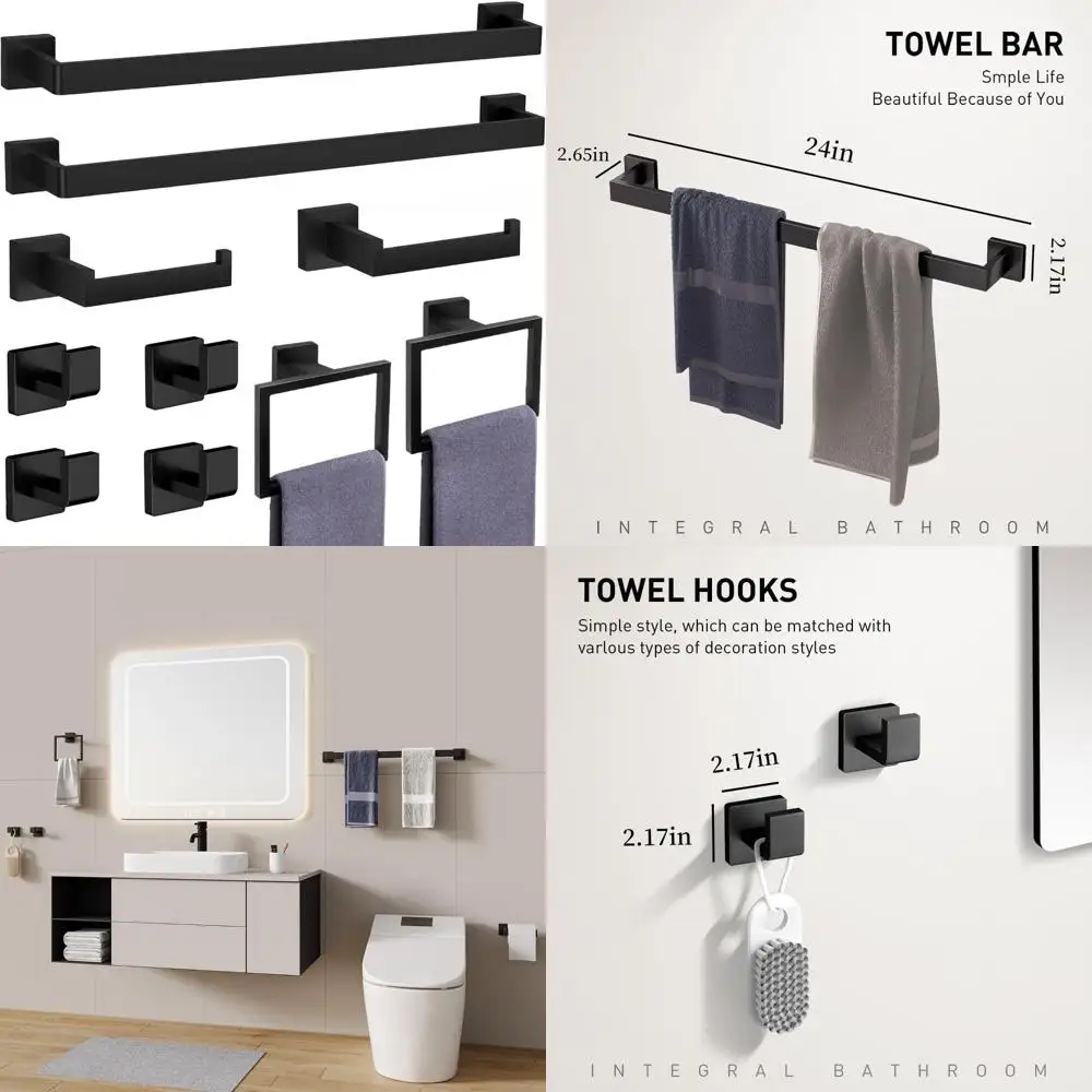 

Bathroom Accessories Set - 10-Piece Matte Black Stainless Steel Hardware, Wall Mounted Towel Racks for Modern Bathrooms