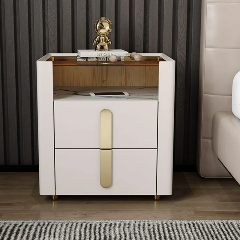 Light luxury bedside table Solid wood bedroom Bedside table Nordic glass rock slab Double countertop Fashion storage cabinet