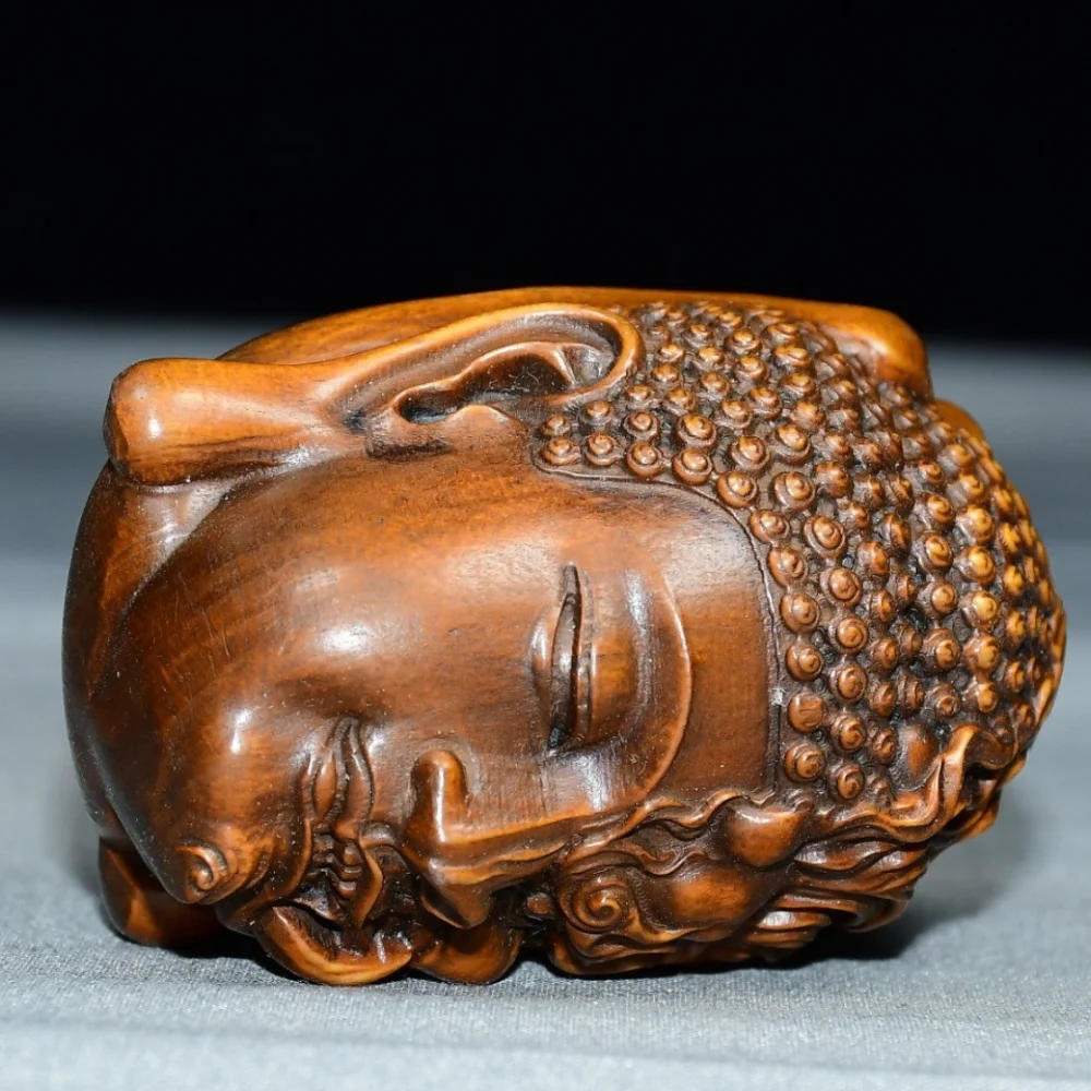 Hand Carved Boxwood Buddha Demon Head Figurine Statue Wooden One Side Buddha One Side Devil Sculpture Oriental Decor Craft Gift