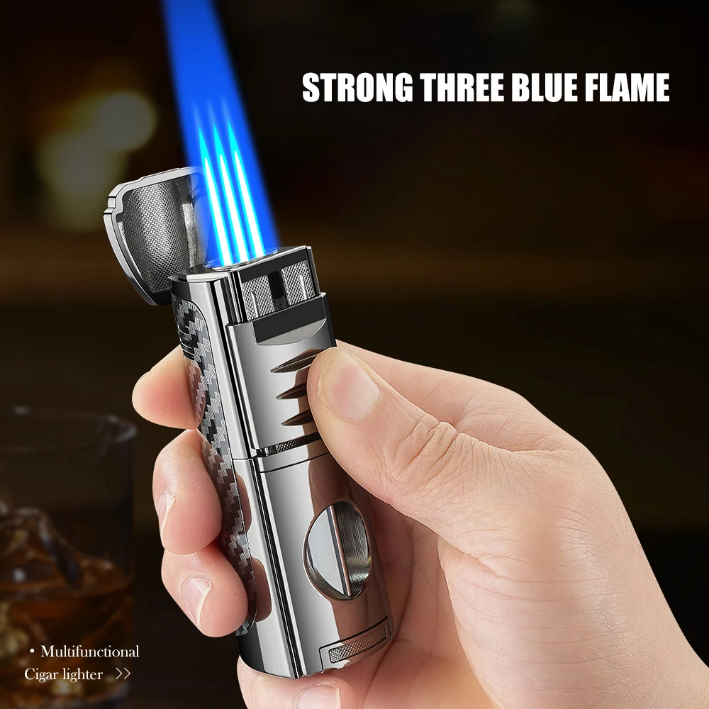 4 in 1 Multi-functional Cigar Lighter Three Blue Flame V-shaped Cigar Cut And Cigar Drill Cut Visible Gas Window Ignition Tool