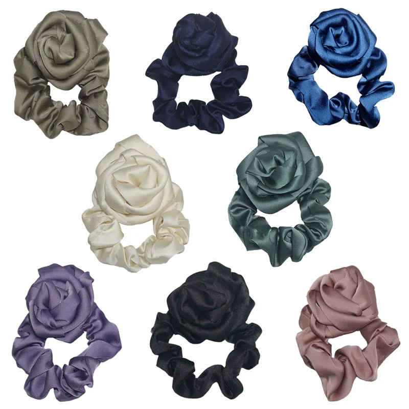 

Women Big Rose Flower Satin Hair Scrunchie Hair Tie Rope Hair Rubber Bands Fashion Elastic Hair Accessories