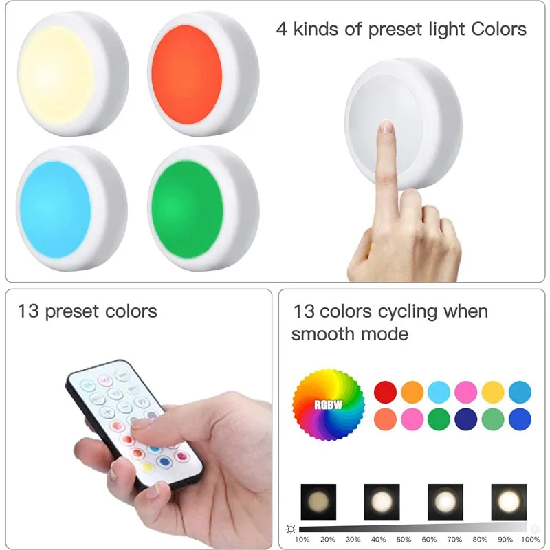 LED Puck light Remote Control 16 Color Changeable Dimmable Wireless Touch Sensor Battery Operated Kitchen Hallway Ambient light