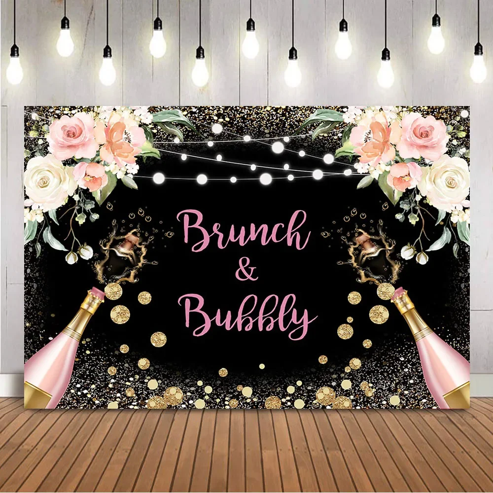Fondo de boda Brunch o Bubbly, flores rosas, fondo de puntos brillantes dorados para accesorios de fotografía, sesión fotográfica de despedida de soltera champán