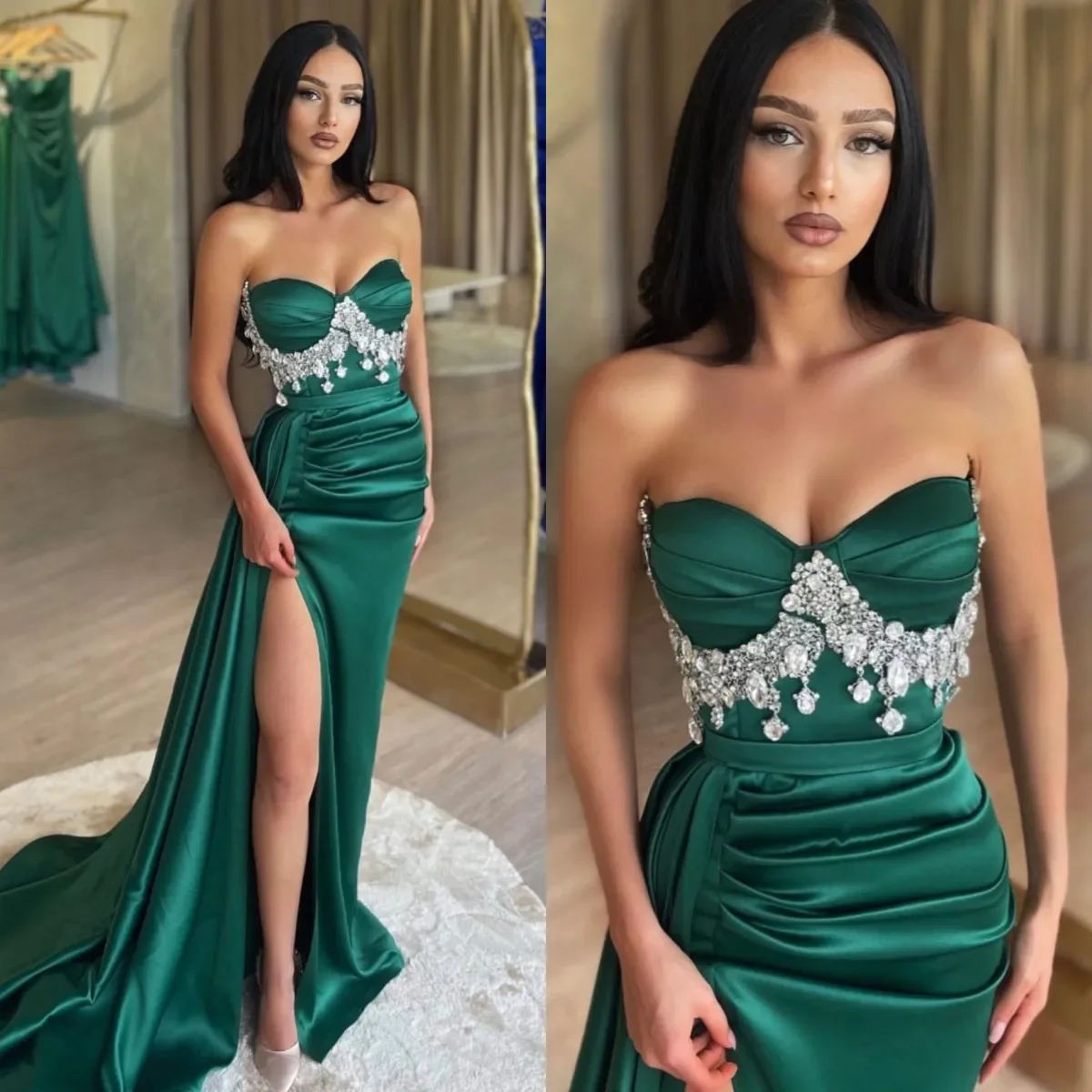 

Customized Elegant Emerald Green Prom Dresses Diamond Sweetheart Party Evening Gowns Split Formal Long Special Occasion dress