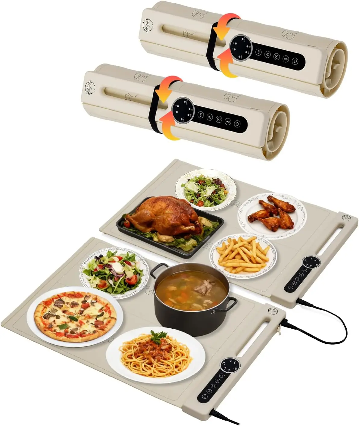 

Двухзонный коврик для подогрева еды с 7 температурными режимами и таймером, быстрый силиконовый нагреватель для дома и вечеринок (кремовый, 2 шт.)