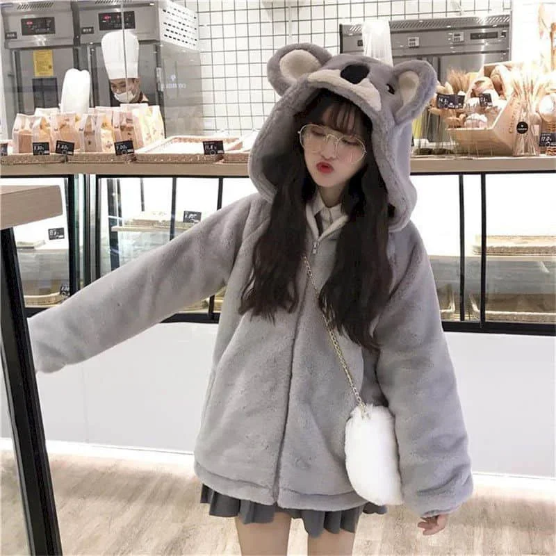 Plush Jacket Female New Style Japanese Soft Girl 2021 Winter Cute Koala Ear Hooded Jacket Student Thickened Furry Jacket Girl