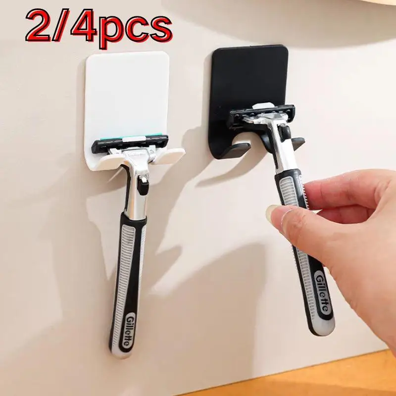 2/4PCS Men Adhesive Shaving Razor Holder Wall Mounted Bathroom For Shower Hook Rack Shaver Shaving Holder Black Plastic Hook