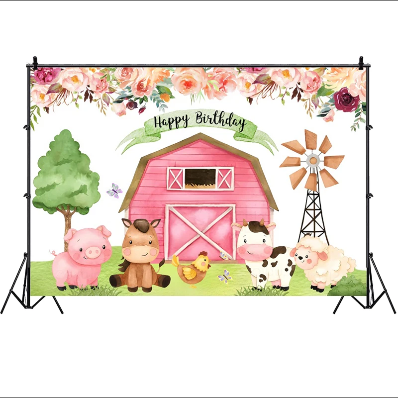 Farm Birthday Theme Welcome Decoration Background Granja Party Photography Backdrop Cartoon Watercolor Animals Barn Photo Banner