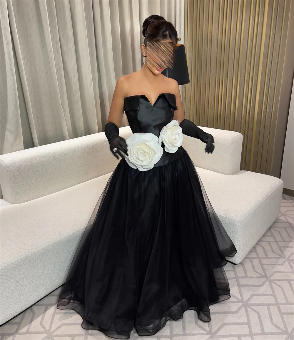 Customized Modern Style Casual Organza Pleat Draped Handmade Flower A-line Strapless Long Dresses Homecoming Dresses Matching Fa