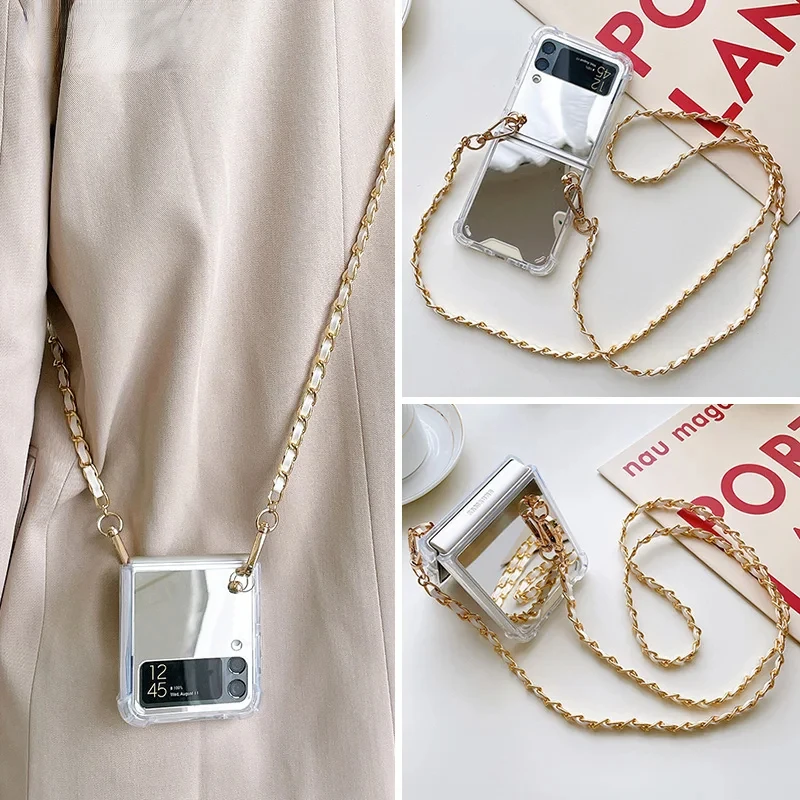 

Mirror Crossbody Case For Samsung Galaxy Z Flip3 4 6 Cover Fashion Makeup Necklace Lanyard Strap Chain Shockproof Capa For Flip5