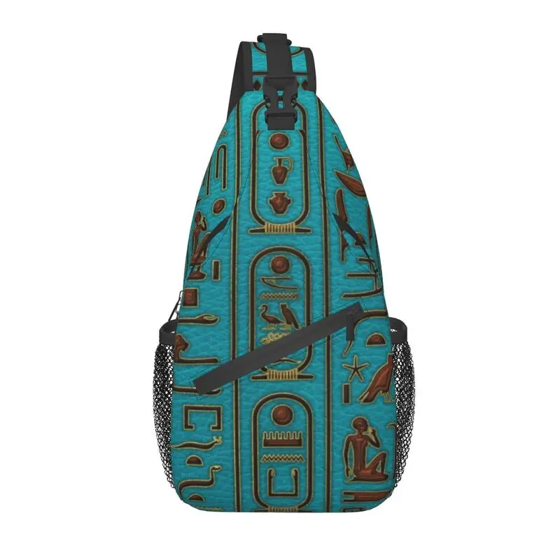 Egyptian Golden Leather Hieroglyphs Embossed Sling Crossbody Backpack Men Ancient Egypt Shoulder Chest Bag for Camping Biking