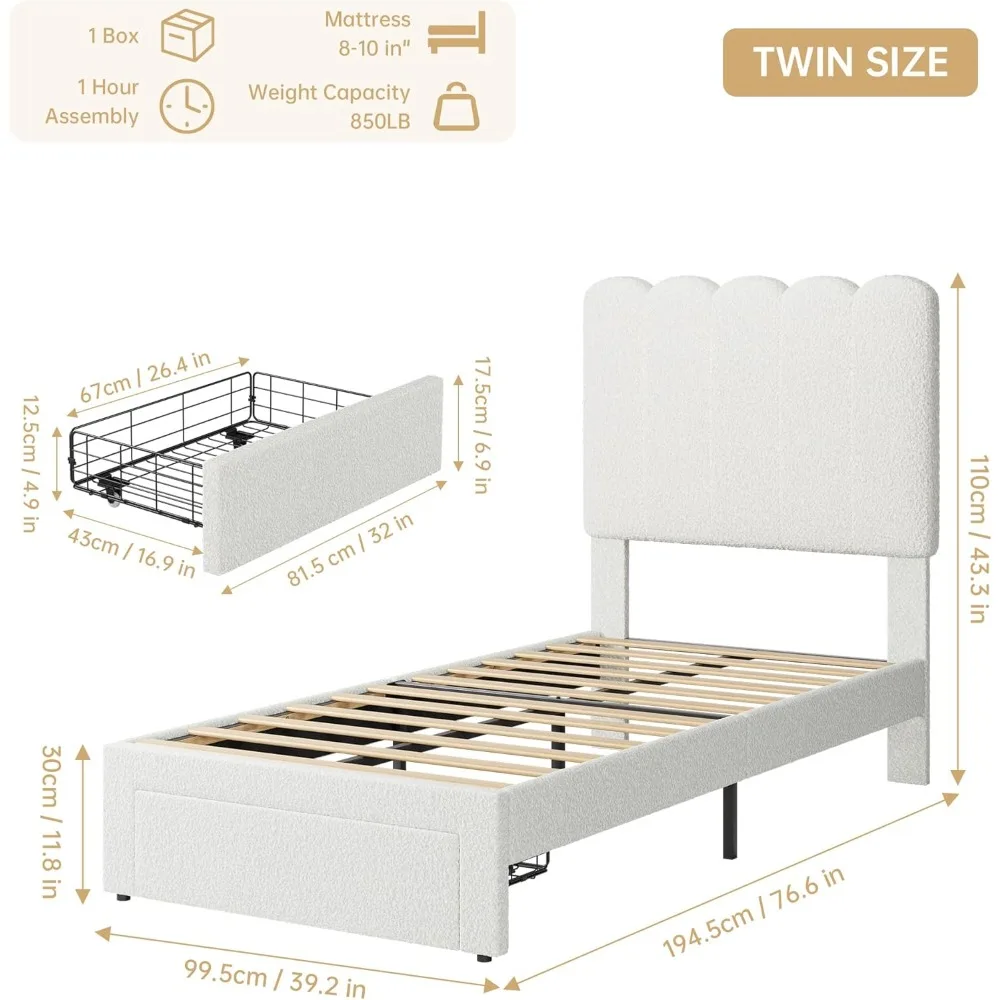 Twin Bed Frame with Storage Drawer and Headboard, Strong Wooden Slats Support, Noise-Free, Boucle Upholstered Platform Bed Frame