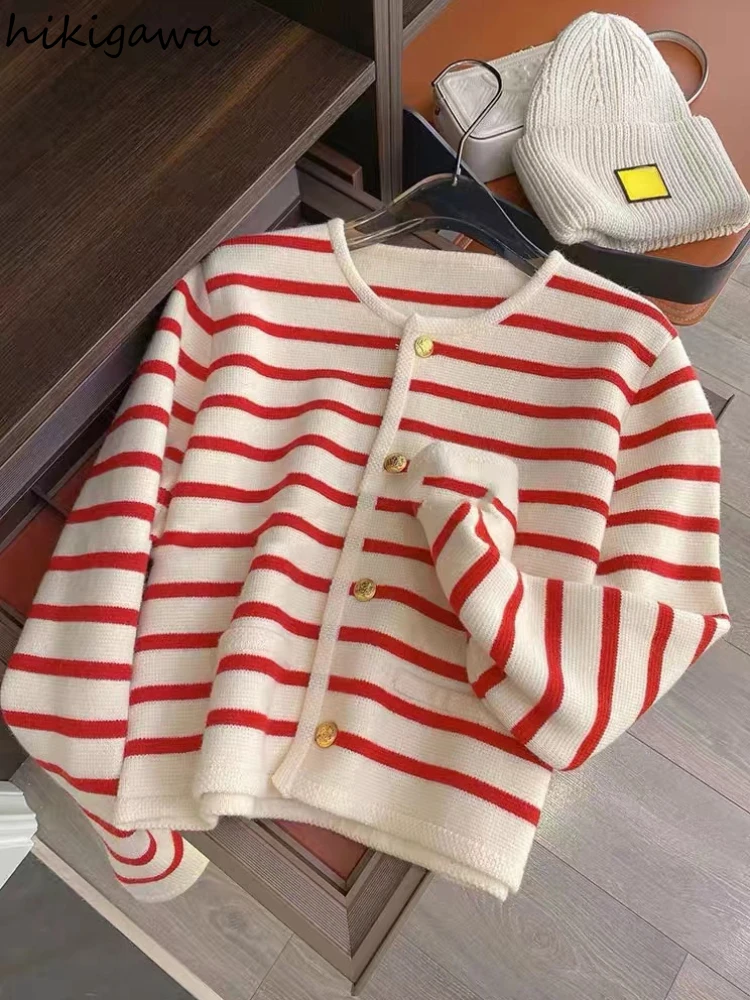 Elegant Cardigan Women 2023 Fall Clothing Fashion Striped Sweater Y2K Tops Long Sleeve Knit Cropped Sweaters Coat Pull Femme