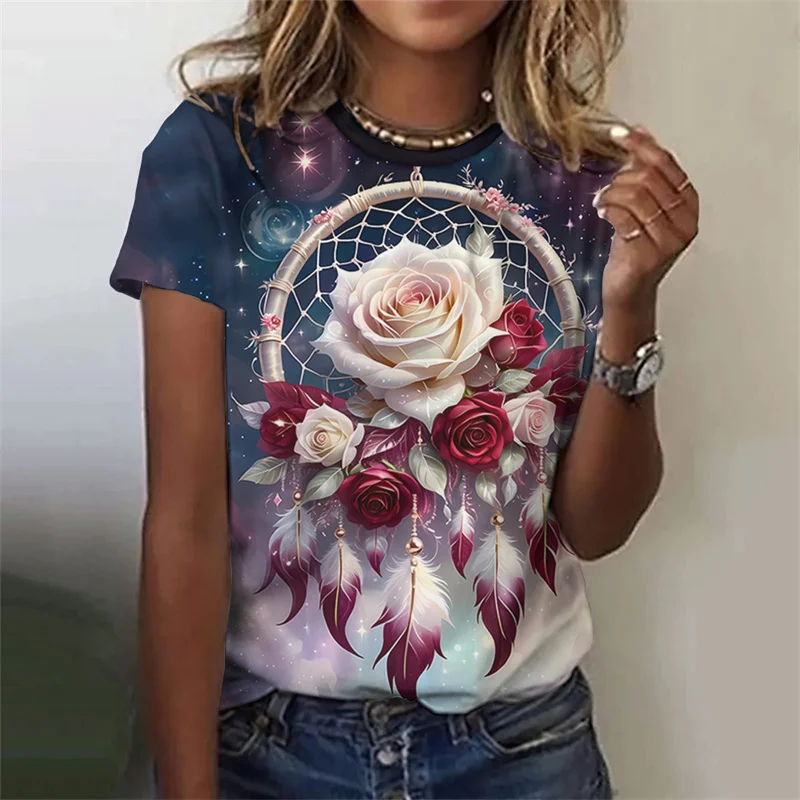 Blumen netz Muster T-Shirt für Frauen exquisite 3D-gedruckte T-Shirts Sommer lässige T-Shirts übergroße kurze Ärmel Rundhals-Tops