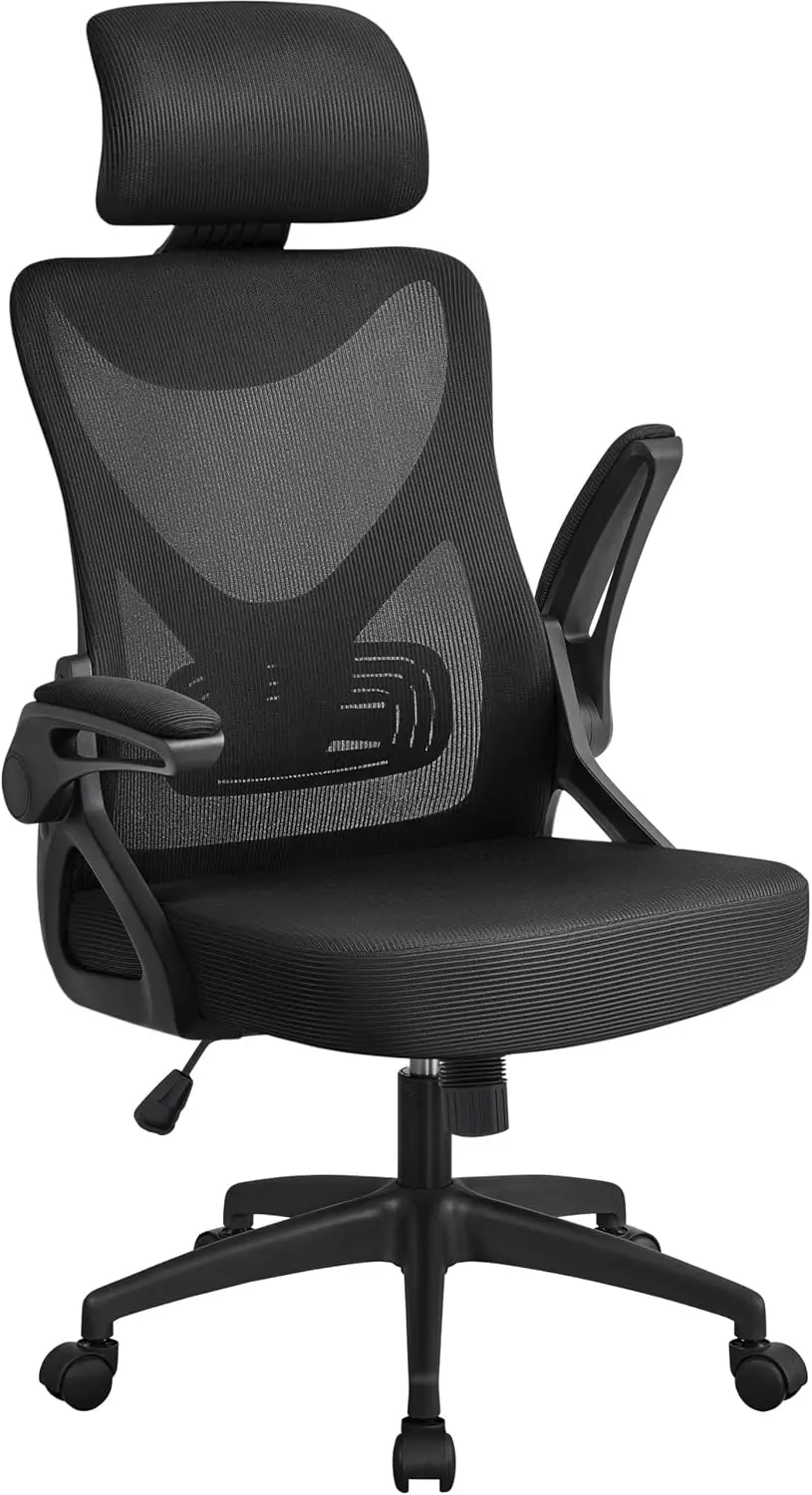 Ergonomic Office Chair with Headrest, Lumbar Support, Black | Breathable mesh high-back adjustable headrest, padded seat, and flip-up armrests supports your back and neck, holds 300lb