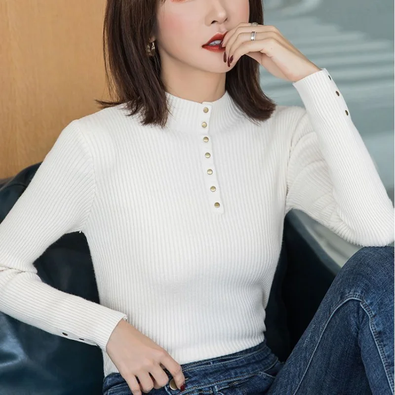 Women Autumn Winter Korean New Half High Neck Bottom Knitwear Fashion Retro Solid Button Slim Versatile Sweater Long Sleeve Tops