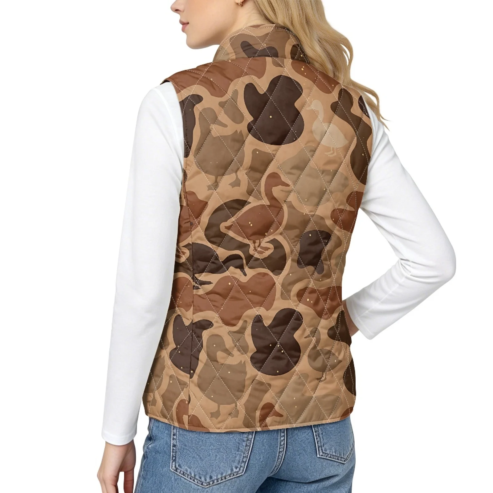 PENSTROLL Women's Duck Camo Quilted Vest Zip up Lightweight Padded Gilet, Casual Outerwear for Hiking Traveling and Horse Riding
