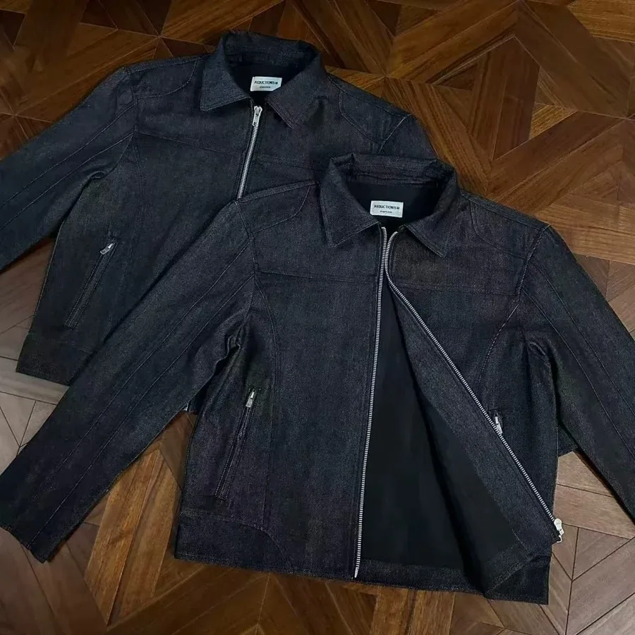 American Decomposition Splicing Black Original Cowhide Jacket Men's Autumn High-End Short Shoulder Denim Coat Youth Trend Pol...