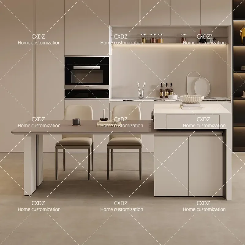 Modern Retractable Dining Table with Integrated Island Rock Slab Surface Space Saving Design for Small Apartments Includes