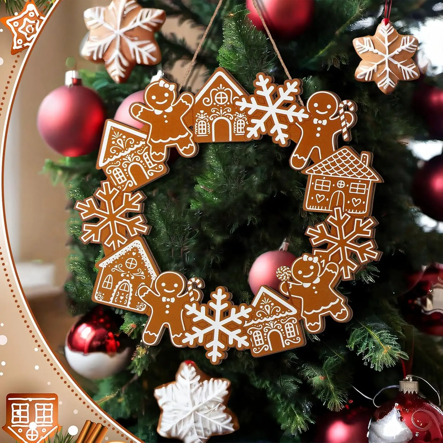 1 Stücke Neue Weihnachten Dekorative 2D Rundes Holzschild mit Lebkuchenmann Schneeflocke Tür Hängen Festival Deco Geschenk