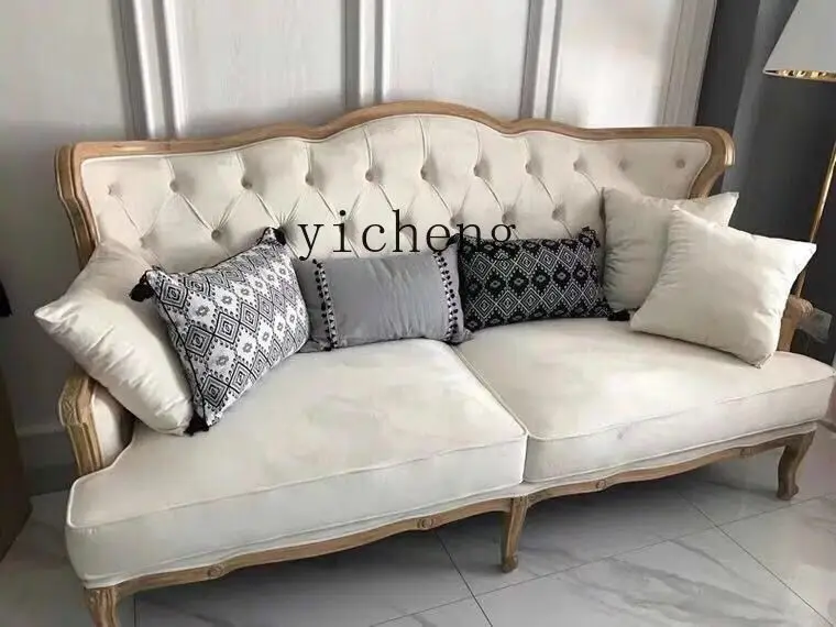 

Solid Wood Retro Sofa Simple Fabric Three-Person Villa Furniture Double Sofa Light Luxury