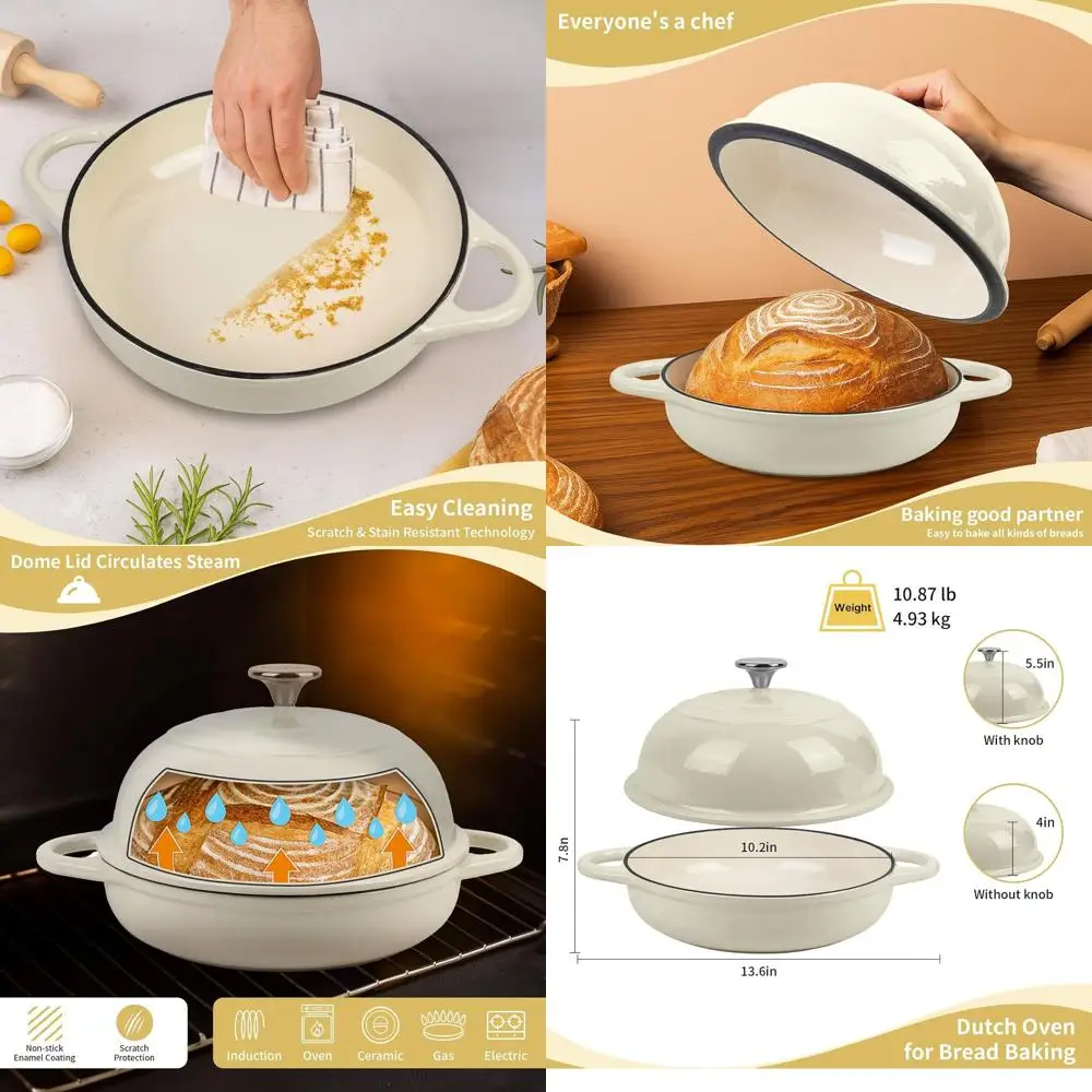 

Эмалированная чугунная печь для хлеба, 5,4 литра, подходит для закваски, безопасная в духовке до 500 лет ° F, 25см Белый